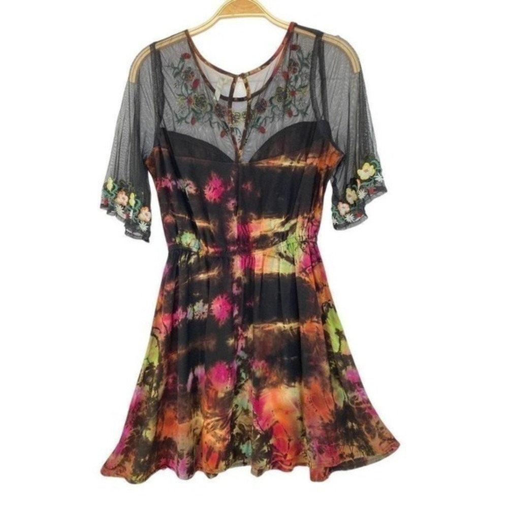 True Destiny Y2K Whimsigoth Embroidered Rainbow Tie Dye Dress M‎ Black Festival